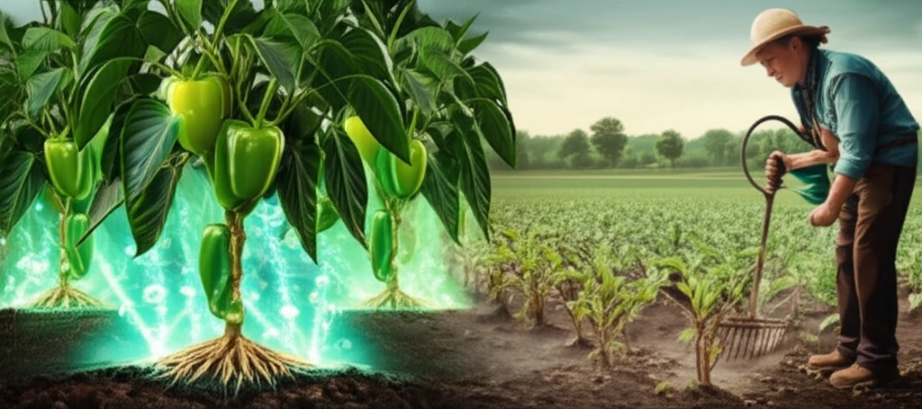 Pepper plants protected by rhizobacteria, glowing roots.
