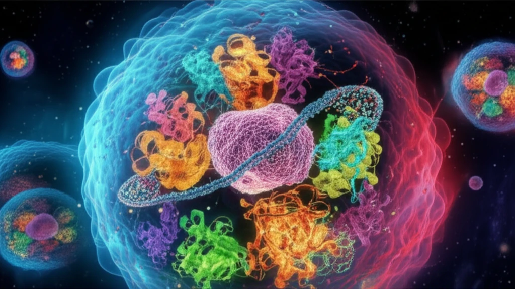 Illustration of cell nucleus with DNA and key proteins.