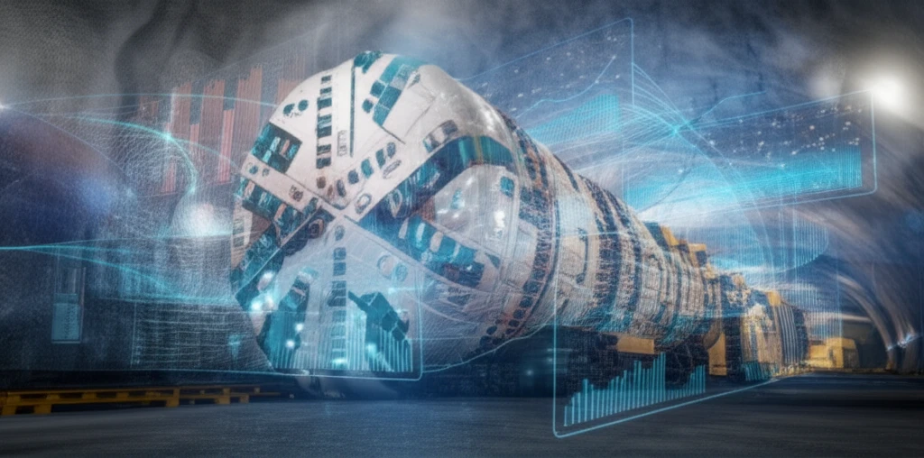 Tunnel boring machine surrounded by data visualizations representing tunnel stability analysis.