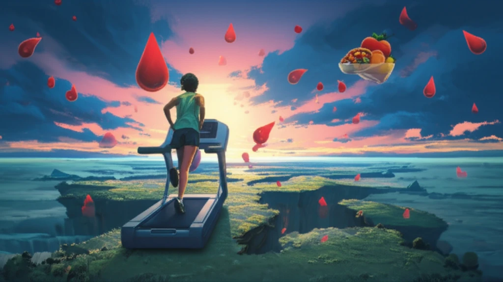 Surreal illustration of exercise and diet influencing blood lipid levels.