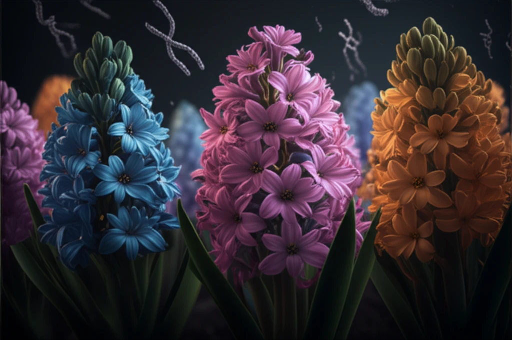 Surreal illustration of hyacinth flowers with intertwined chromosomes, symbolizing genetic diversity and breeding potential.