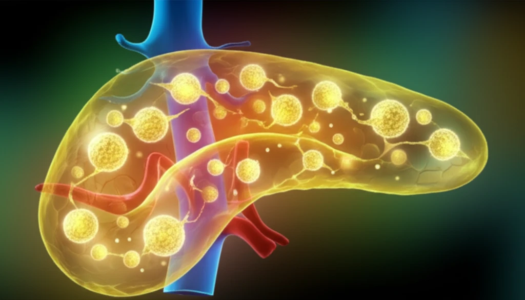 Glowing islet cells intertwined with a healthy pancreas, symbolizing successful auto-transplantation.