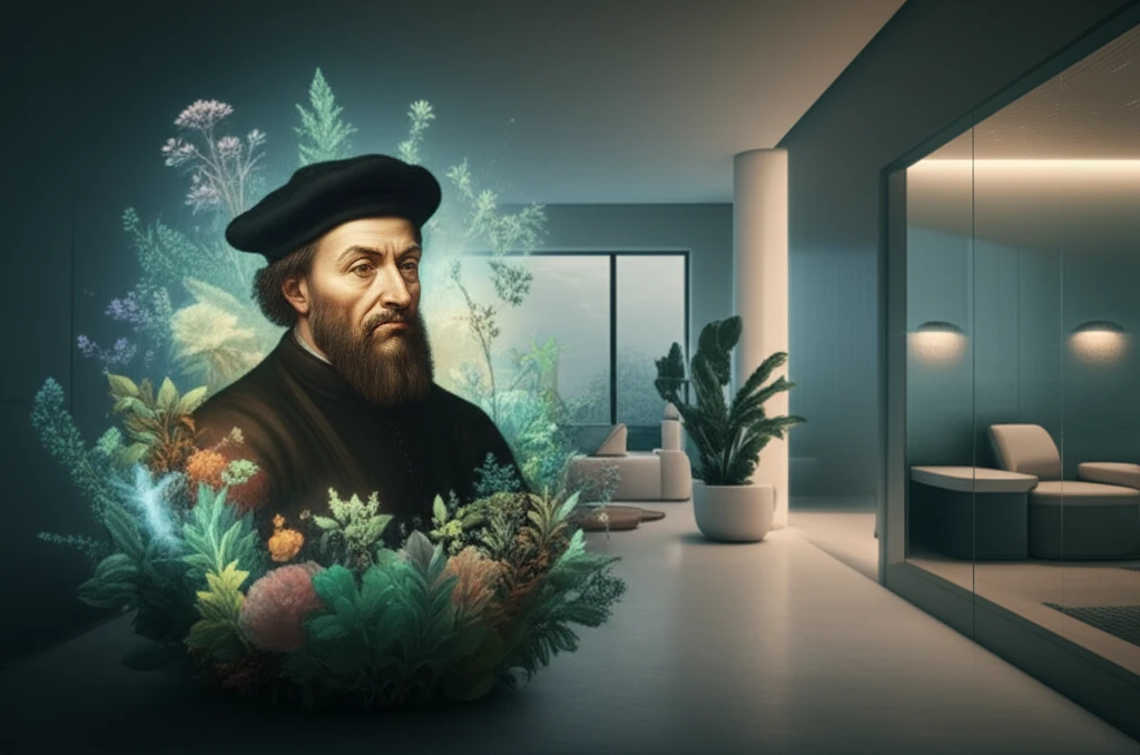 Renaissance physician surrounded by glowing herbs, blending into a modern wellness clinic.