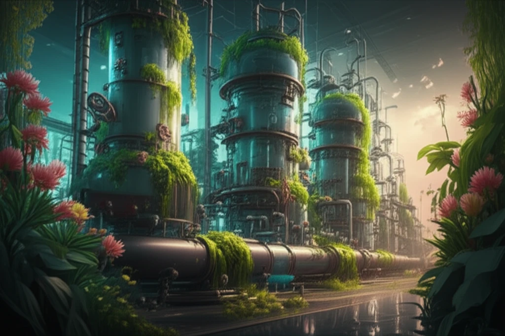 Surreal illustration of chemical reactors intertwined with green foliage, representing sustainable surfactant production.