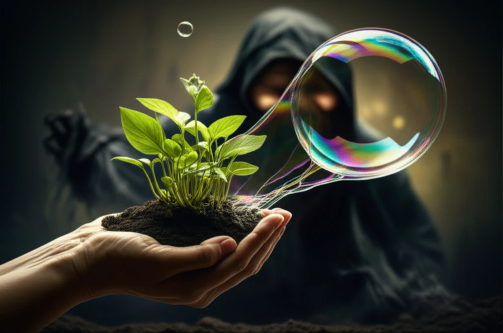 Surreal illustration of soil pollution and the complex effects of surfactants on plant growth.