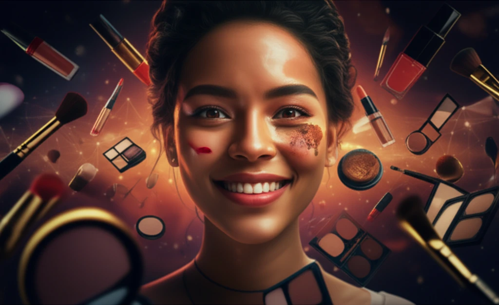 Surreal illustration of a woman immersed in a cosmetics MLM network.