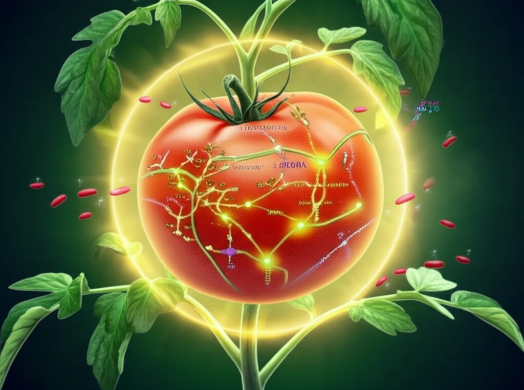 Tomato plant resisting bacterial wilt with glowing metabolic pathways.