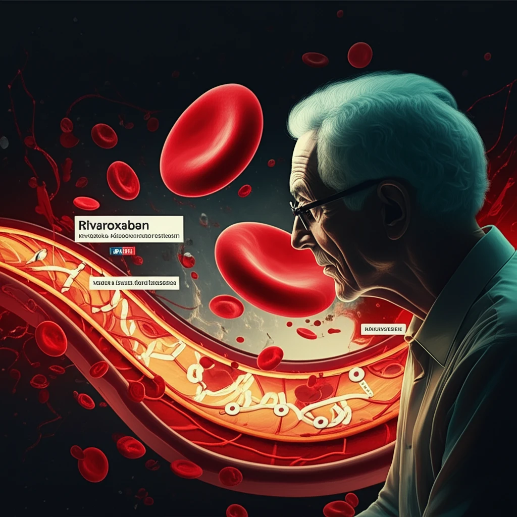 Surreal illustration balancing blood clot prevention and bleeding risk with rivaroxaban, highlighting elderly patient silhouette.