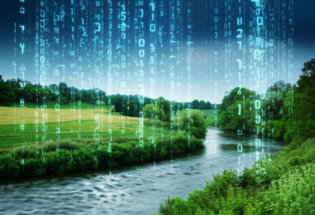 Digital illustration of a river with data streams, representing water purity analysis.