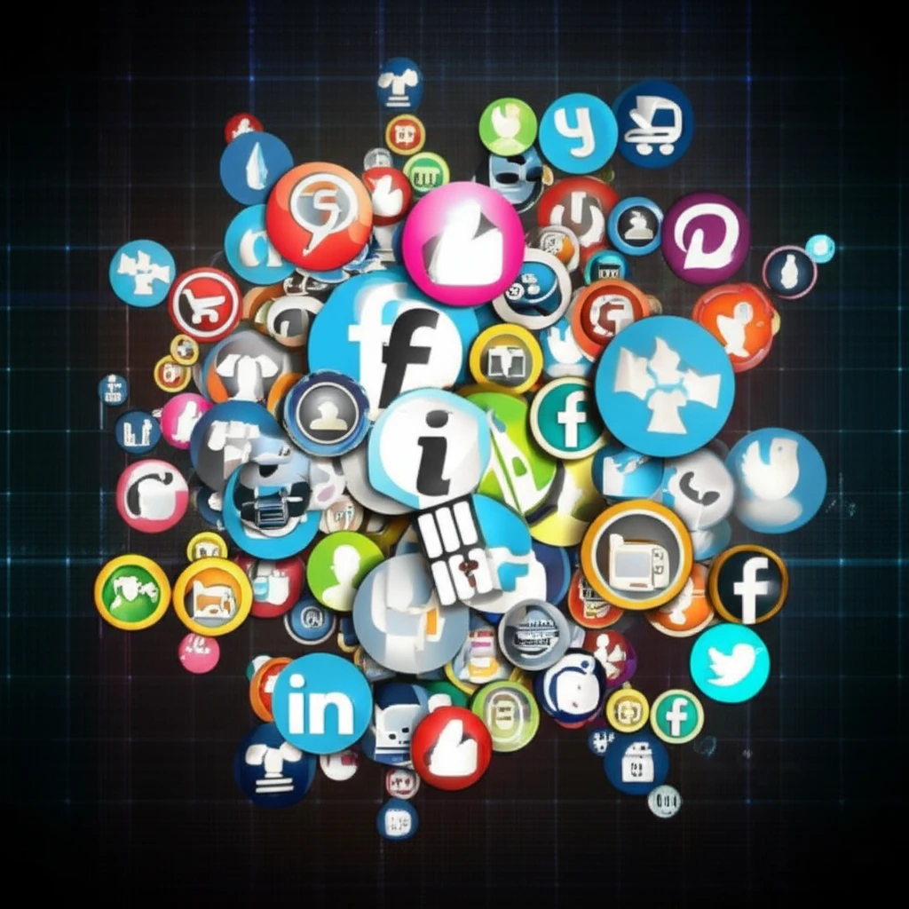 Abstract illustration of meme transmission with social media icons and mathematical grid.