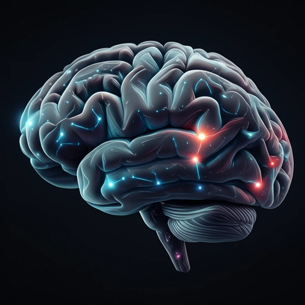 Stylized brain with glowing gene patterns, representing the FAM72 gene signature in glioblastoma multiforme.