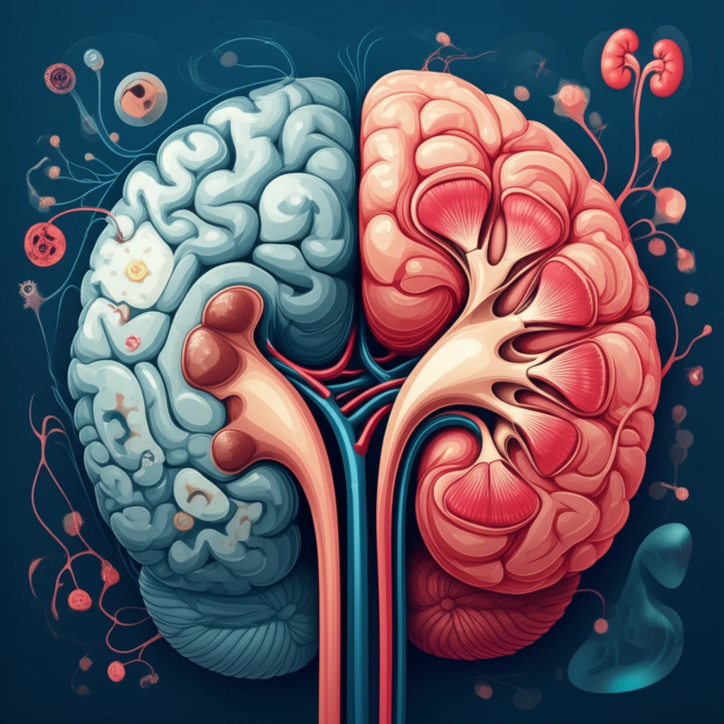 Brain and kidney intertwined, symbolizing the connection between cognitive function and kidney health.