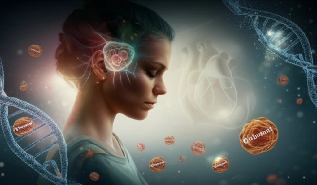 Illustration of a lupus patient with symbolic representations of DNA, cholesterol, and heart health.