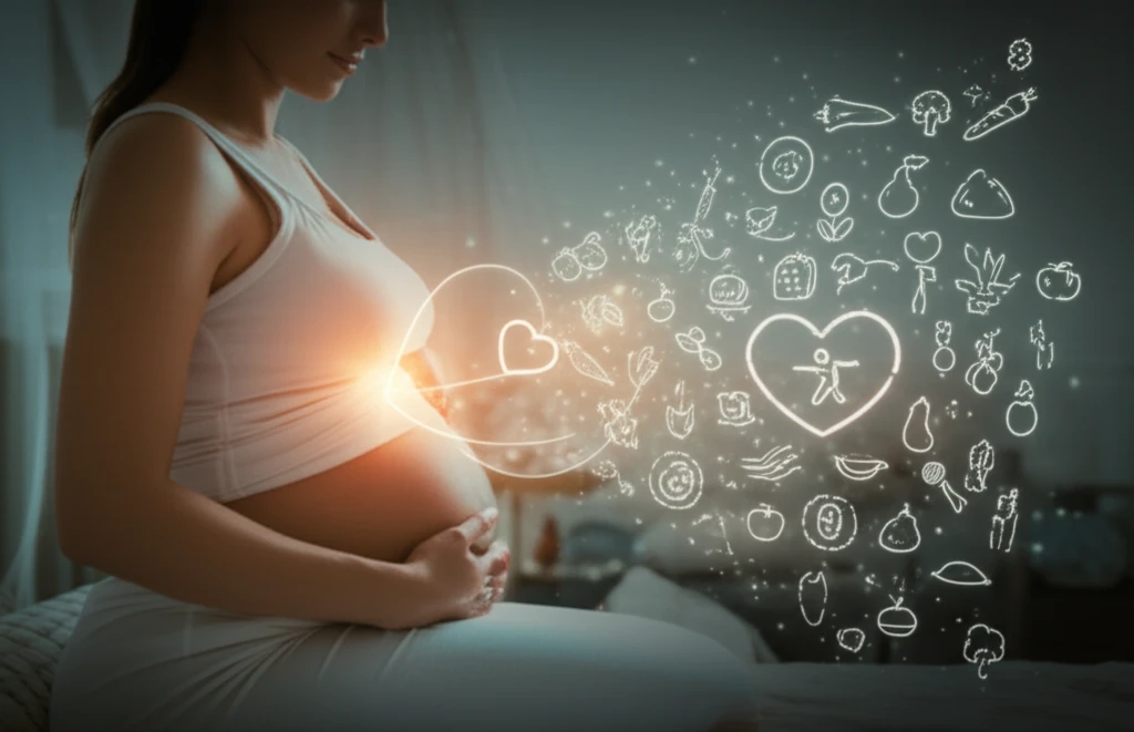 Illustration of a pregnant woman with a glowing heart, symbolizing heart health after gestational diabetes.