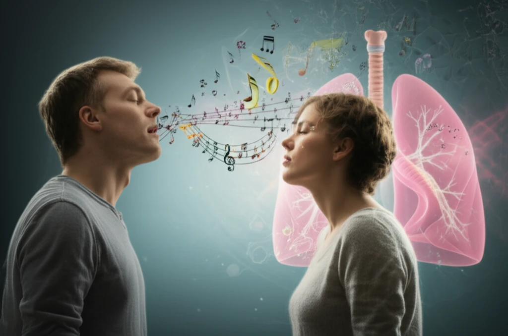 Person breathing easier with musical notes.