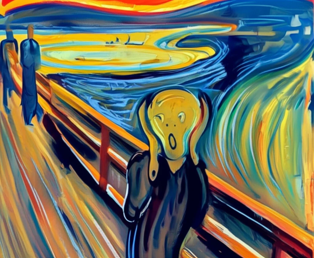 Surreal illustration of 'The Scream' showing pigment degradation alongside scientific visualizations.