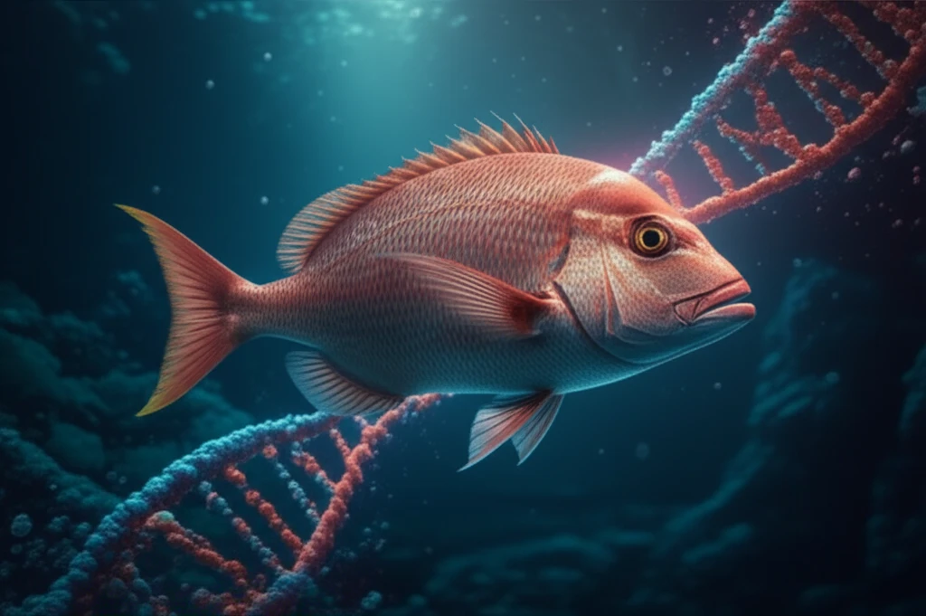 Crimson Snapper swimming through a DNA strand