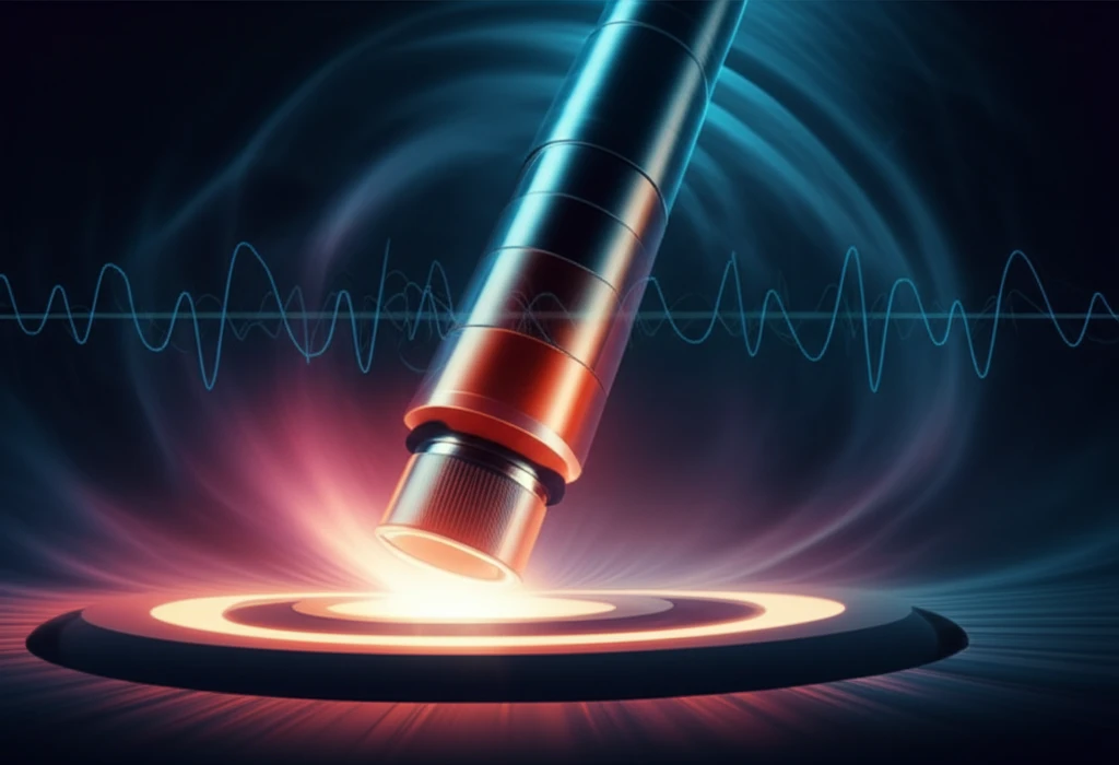 Stylized rotor drop with glowing touch-down bearings and energy dissipation waves.