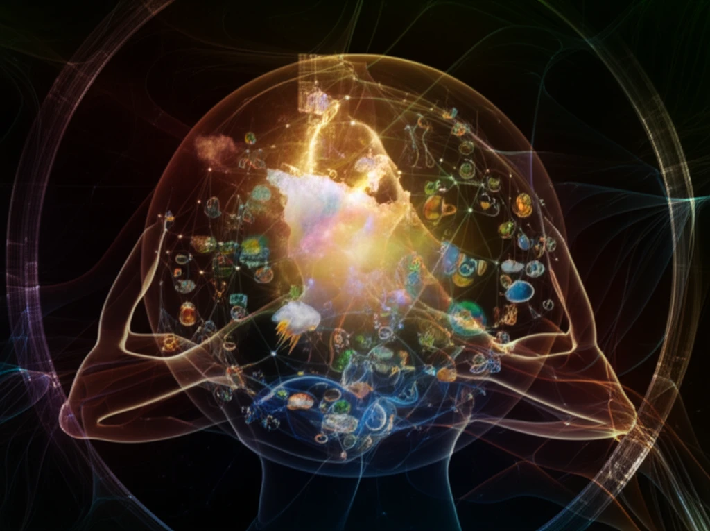 Interconnected symbols of health and environment surround a person.