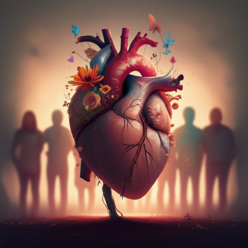 Blossoming heart with flowers, symbolizing cardiac rehabilitation and community support.