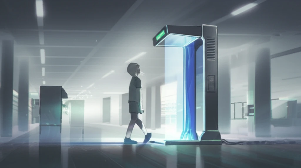 Futuristic airport body scanner emitting gentle terahertz waves.
