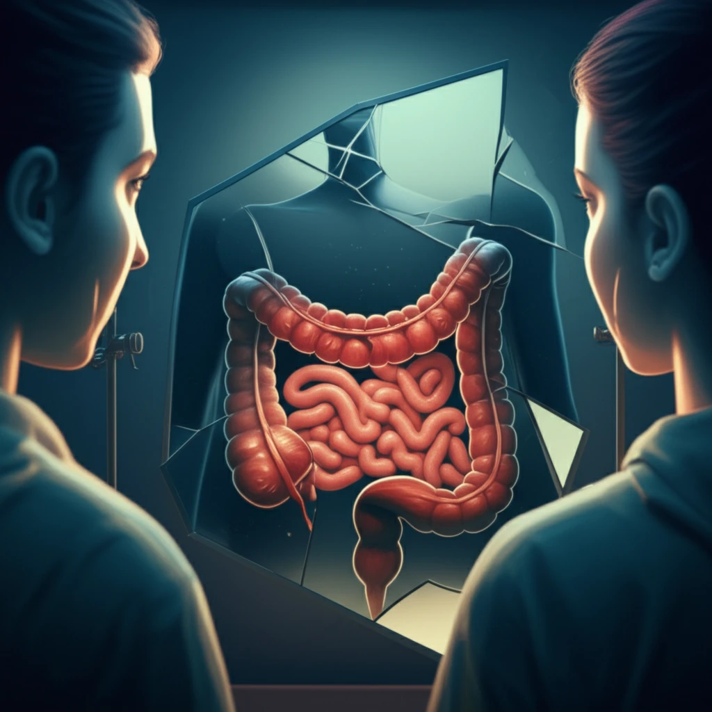 Broken mirror reflecting a healthy colon, symbolizing the disconnect between symptoms and endoscopic reality in ulcerative colitis.