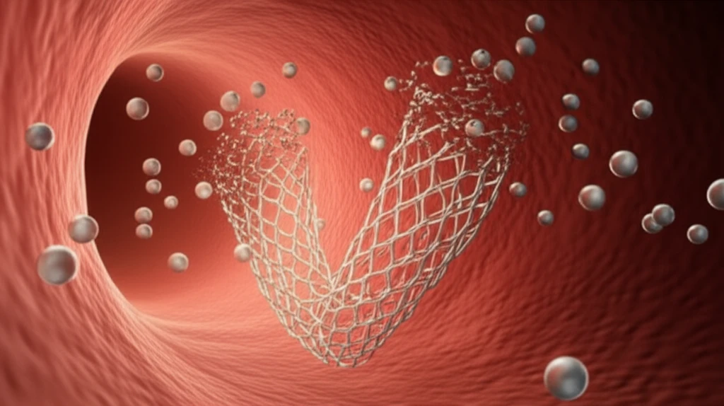 Dissolving magnesium heart stent inside artery.