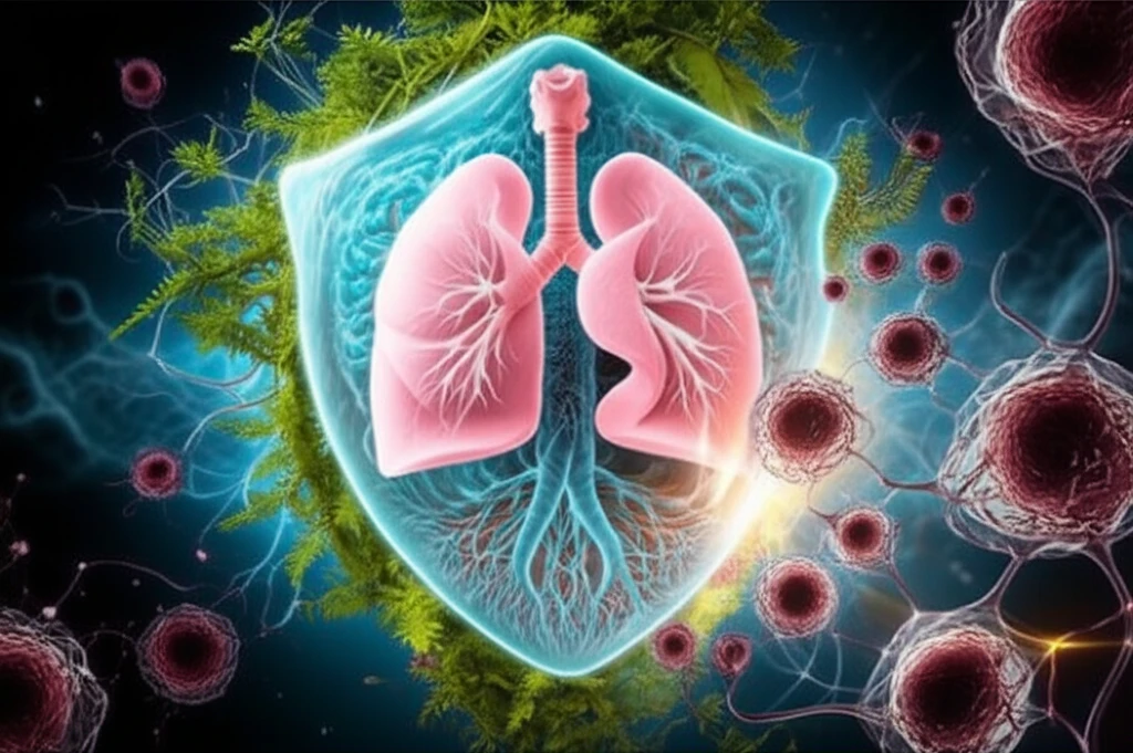 Herbal shield protecting healthy lungs from cancer, symbolizing the immunomodulatory effects of APS and PSP.