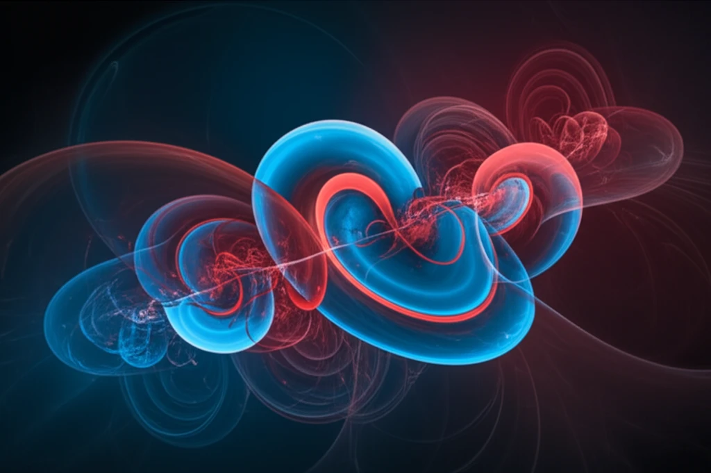 Surreal illustration of merons and antimerons, swirling magnetic fields in blue and red.