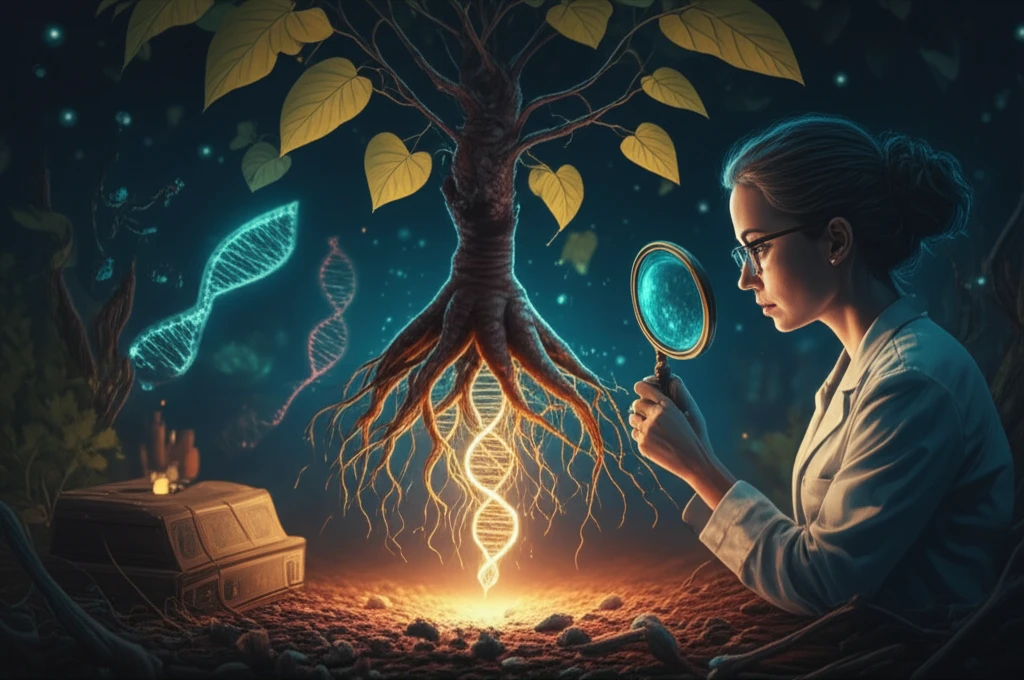 Surreal illustration of a yam plant intertwined with DNA strands, symbolizing the power of genomics in crop research.