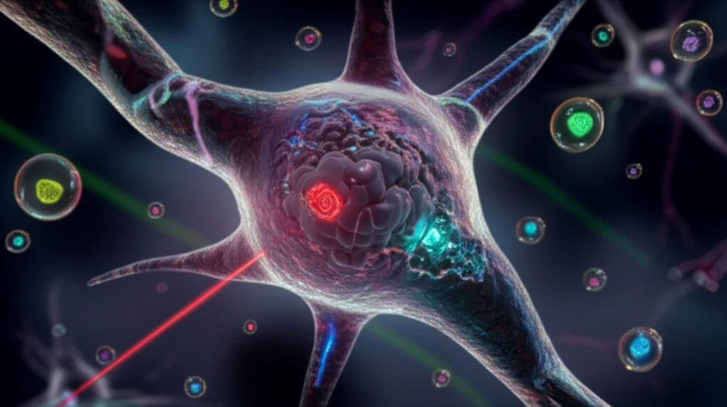 Microparticles with fluorescent markers around a brain cell, scanned by laser beams.