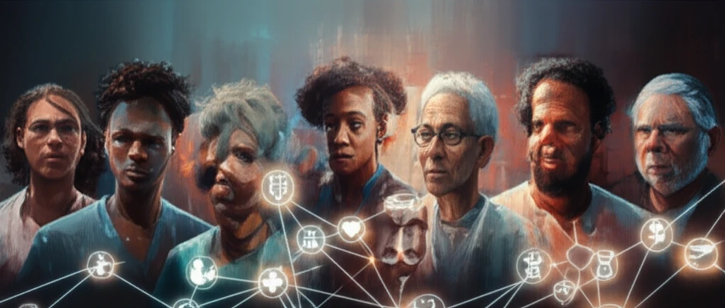 Diverse group of people connected to a glowing network of healthcare symbols.