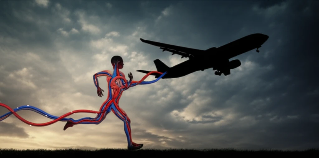 Surreal illustration of a runner and airplane connected by blood vessels, symbolizing the impact of exercise and travel on blood circulation.