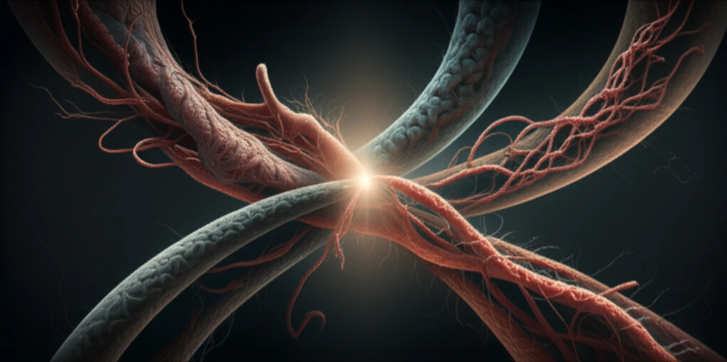 Surreal illustration representing the Carney Triad: intertwined paths symbolizing pulmonary chondromas, gastric sarcomas, and paragangliomas converging toward hope for diagnosis and treatment.