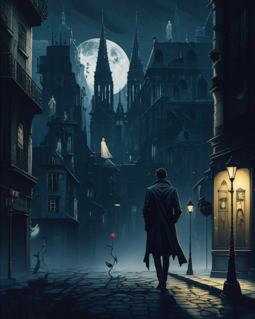Surreal image of a flâneur in a decaying Paris street, inspired by Baudelaire's poetry.