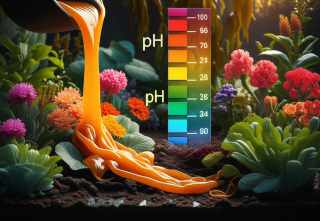 Surreal illustration of seaweed extract being poured onto a lush garden.
