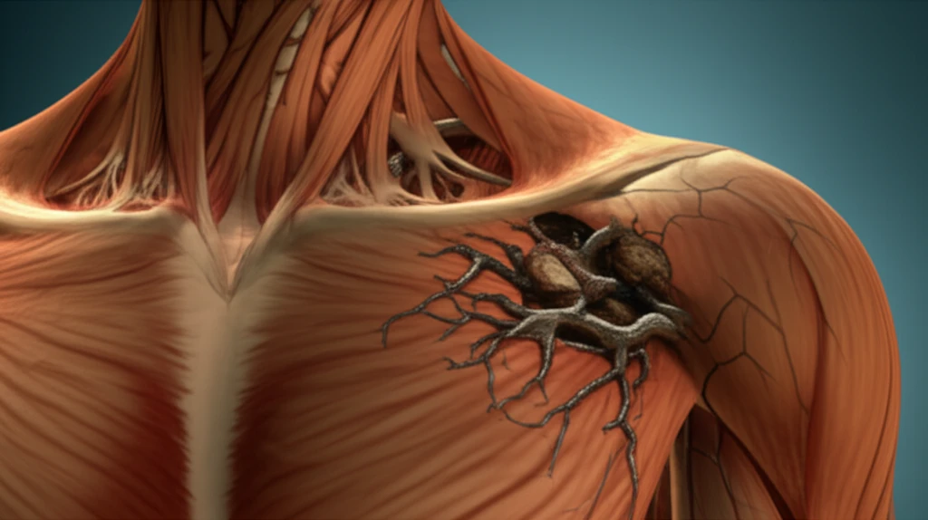 Surreal image of shoulder pain transforming into muscle fibers, representing pyomyositis.