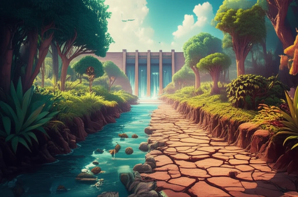 A visual representation of the contrasting impact of hydropeaking on river ecosystems, showing lush plant life versus barren riverbanks.