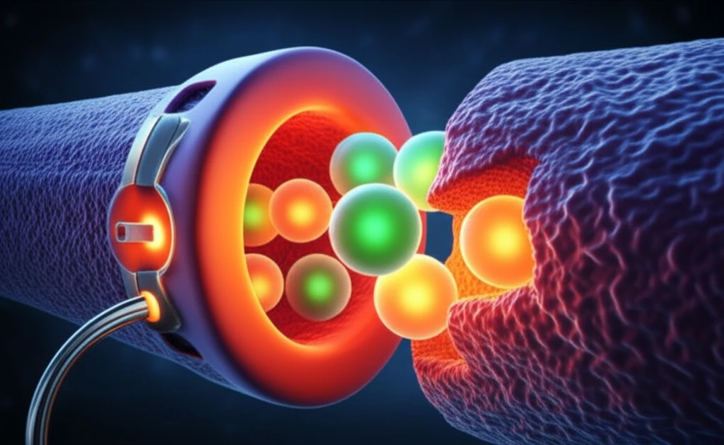 Calcium ions flowing into a cell, controlled by a protein switch.