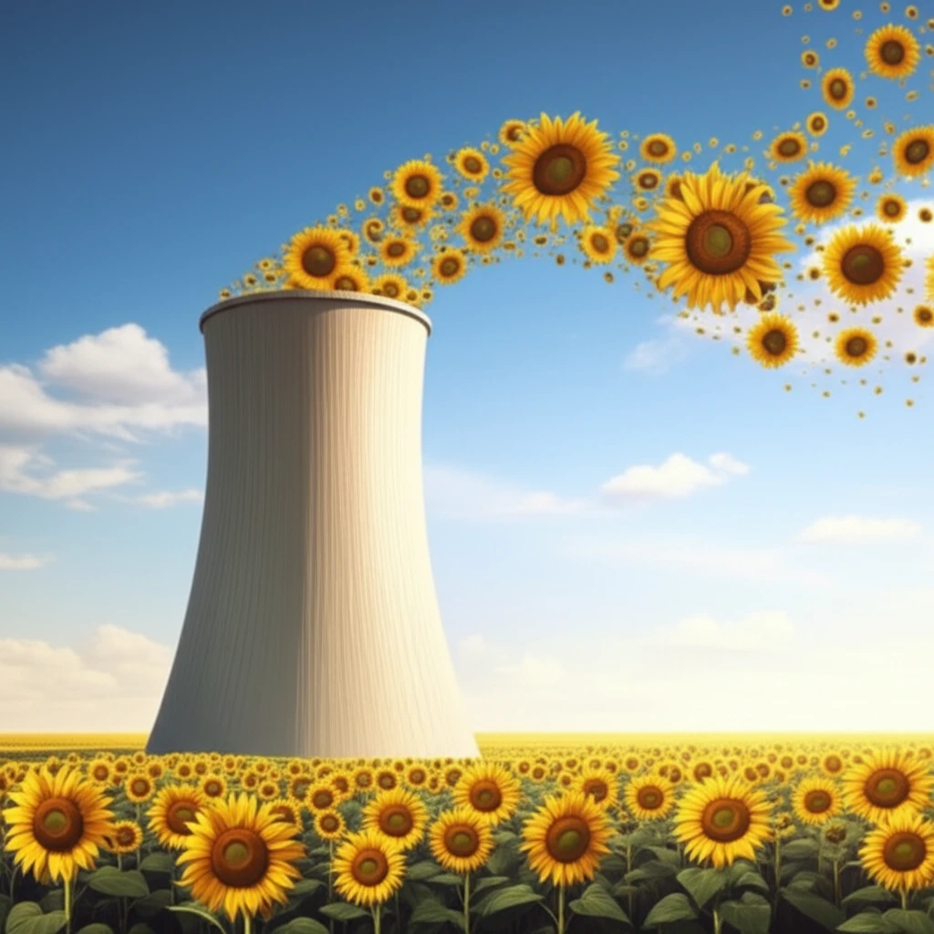 Sunflower petals billowing from a power plant, symbolizing sustainable energy.