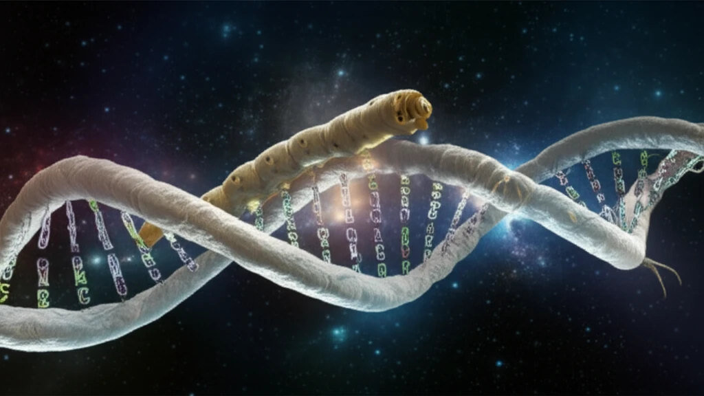 Surreal image of a silkworm and DNA helix representing gene analysis.