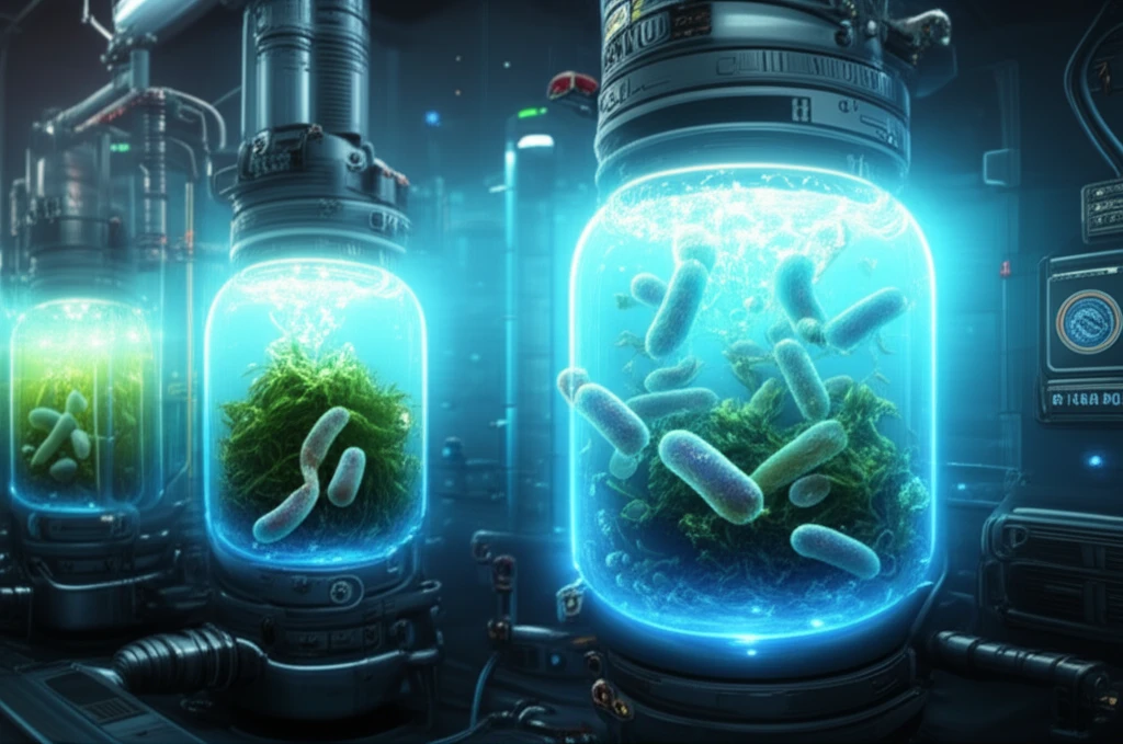 Genetically modified bacteria converting plant biomass into biofuel in a futuristic bioreactor.