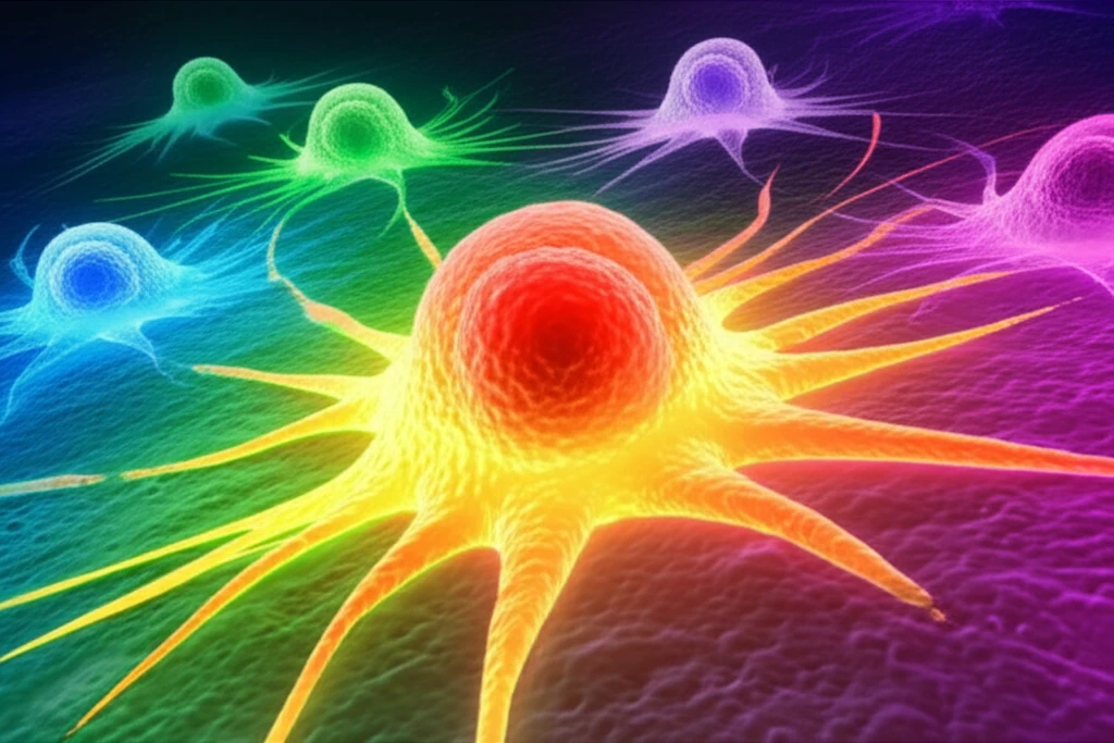 Cancer cells transitioning across a spectrum of colors, representing epithelial-mesenchymal transition (EMT).
