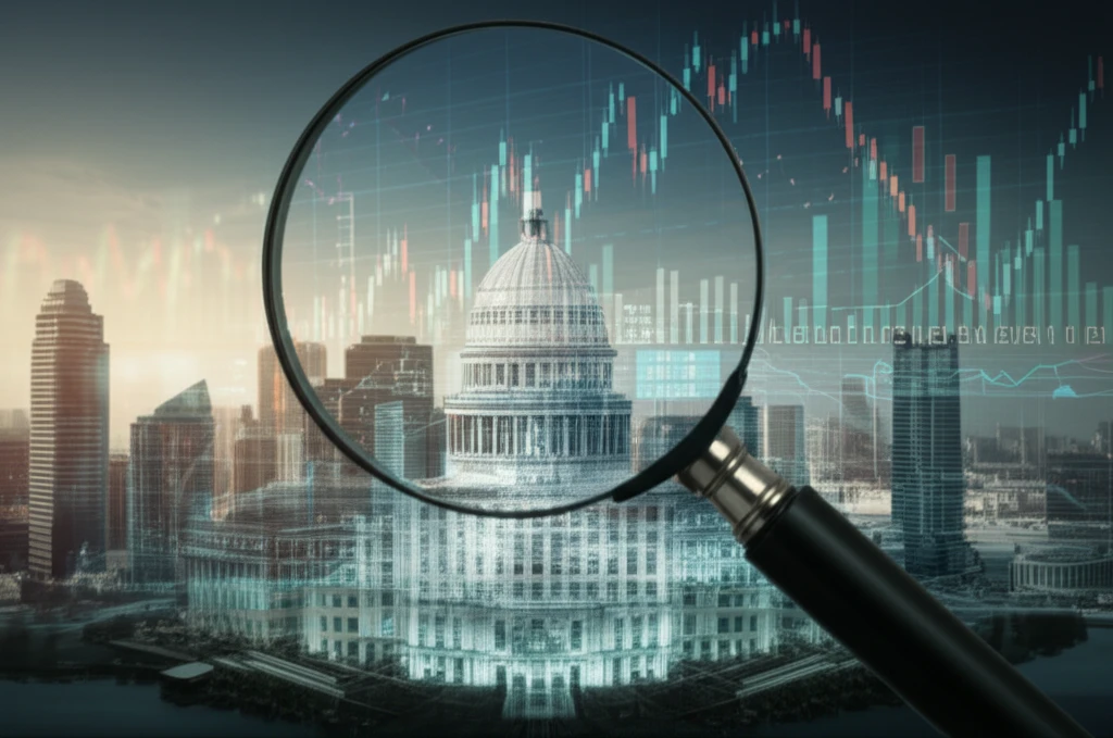 City skyline with financial charts representing transparent governance.