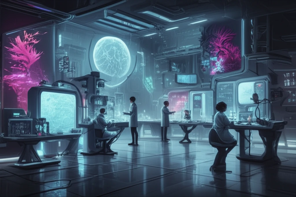 Diverse scientists collaborating in a futuristic lab, symbolizing inclusion in STEM.