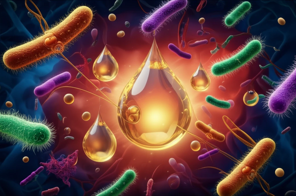 Microscopic landscape of the gut with coconut and soybean oil interacting with bacteria.