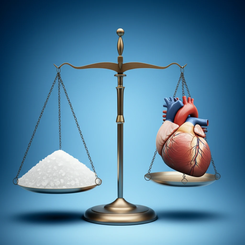 Balanced scale with salt on one side and a healthy heart on the other, representing the balance between sodium intake and cardiovascular health.