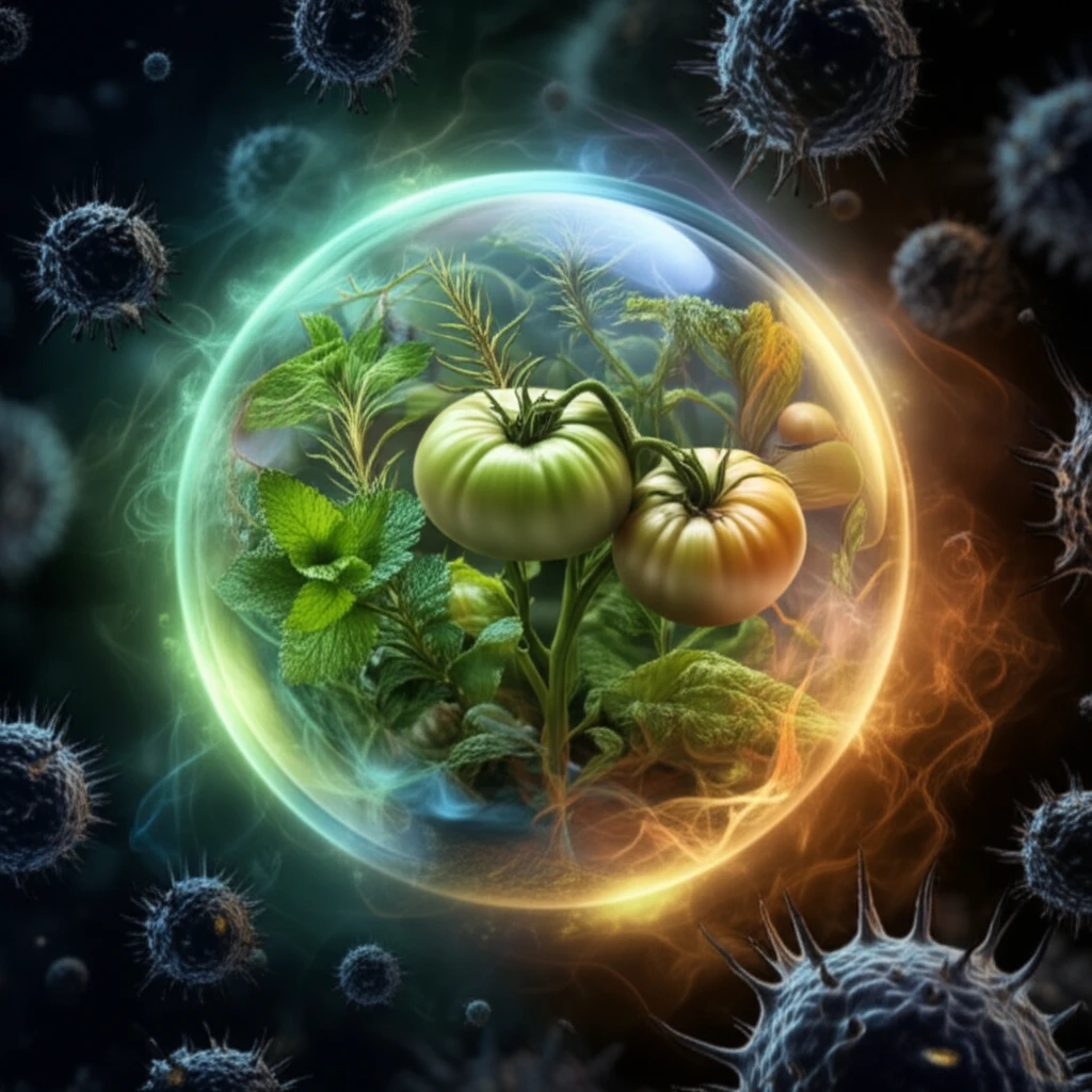 Tomato plant protected by a shield of essential oils from late blight.