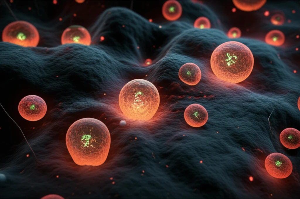 Microscopic view of nasopharyngeal carcinoma cells with glowing BTF3 proteins.