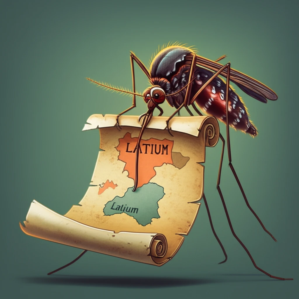 Mosquito carrying a map of Italy, highlighting the Latium region.